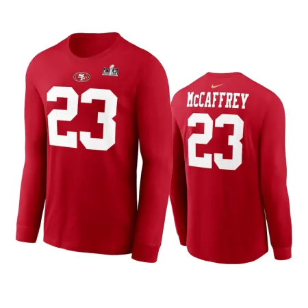 San Francisco 49ers Christian McCaffrey Scarlet Super Bowl LVIII Long Sleeve Name Number T-Shirt