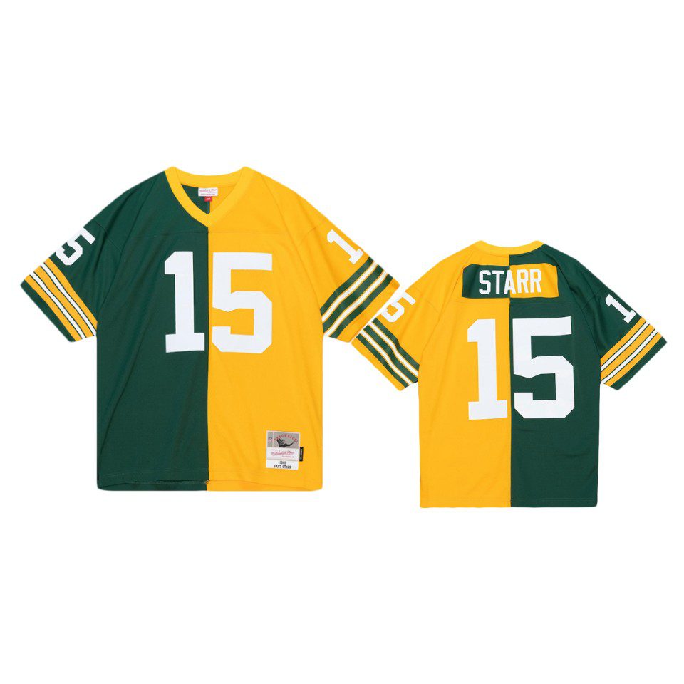 Green Bay Packers Bart Starr Green Gold 1969 Split Legacy Replica Jersey 1 bart starr packers green gold split legacy replica jersey 0a