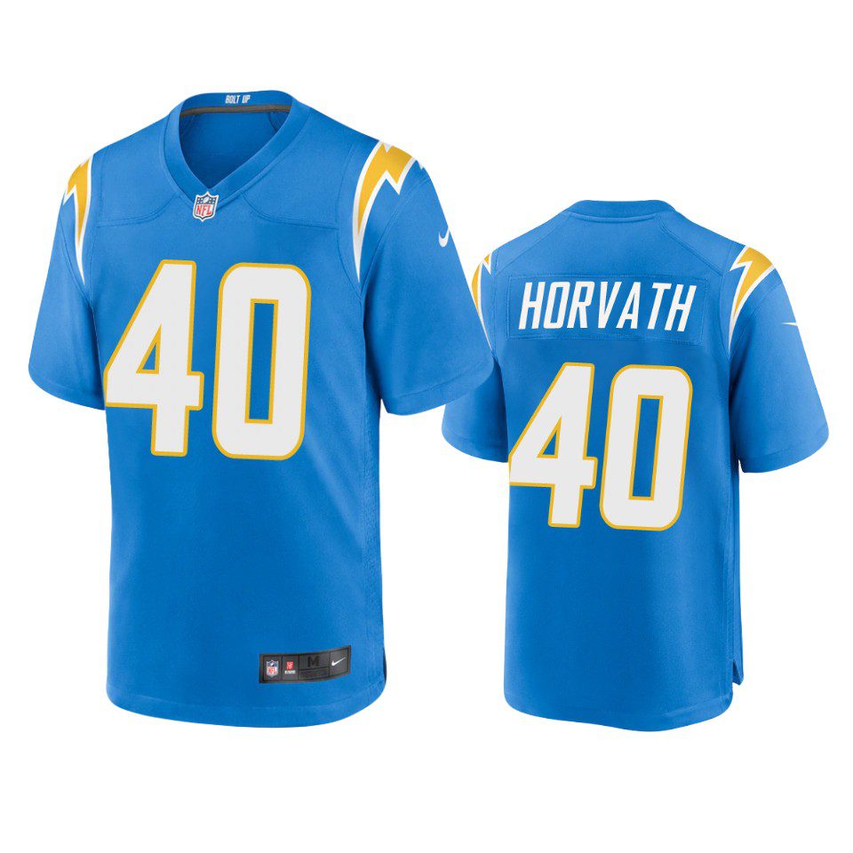 Zander Horvath Los Angeles Chargers Powder Blue Game Jersey 1 chargers zander horvath game powder blue jersey
