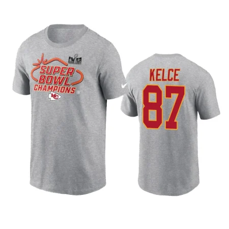 Kansas City Chiefs Travis Kelce Heather Gray Super Bowl LVIII Champions Locker Room Trophy Collection T-Shirt