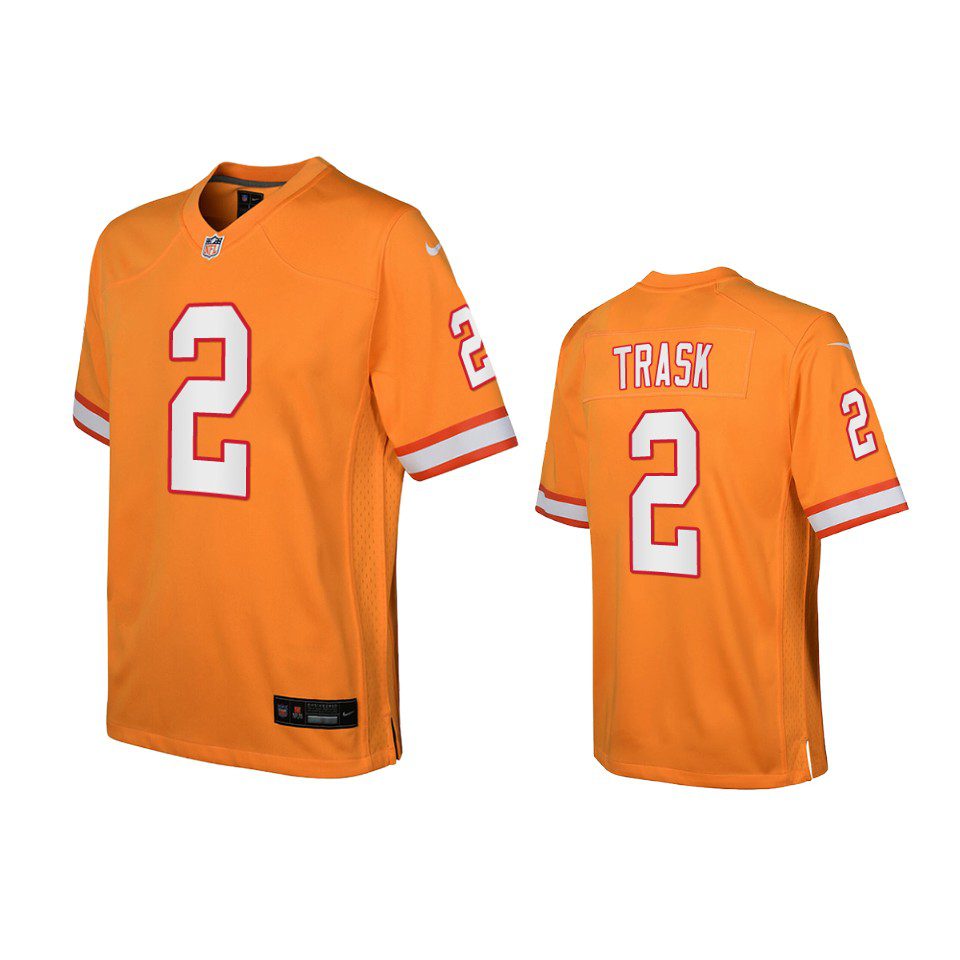Youth Buccaneers Kyle Trask Orange Throwback Game Jersey 1 youth buccaneers kyle trask throwback game orange jersey