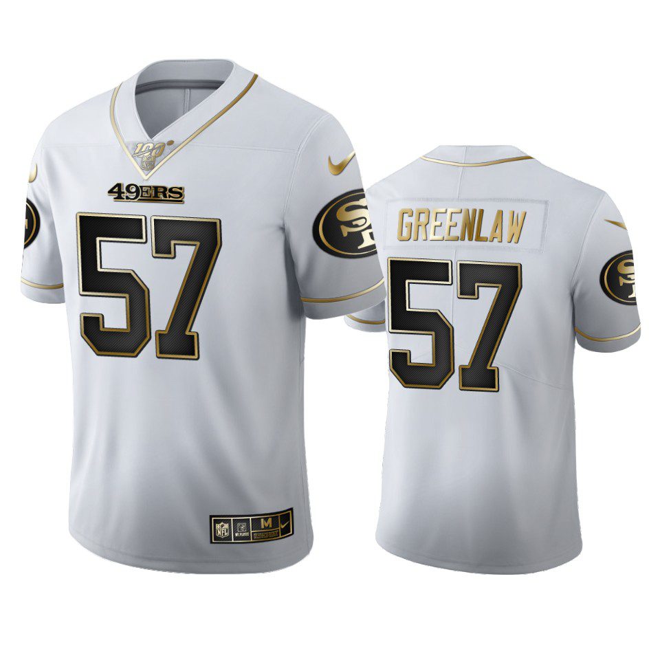 Dre Greenlaw 49ers White 100th Season Golden Edition Jersey 1 49ers dre greenlaw white golden edition 100th season jersey