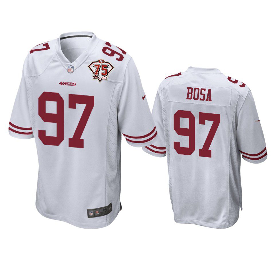 San Francisco 49ers Nick Bosa White 75th Anniversary Patch Game Jersey 1 49ers nick bosa white 75th anniversary patch game jersey