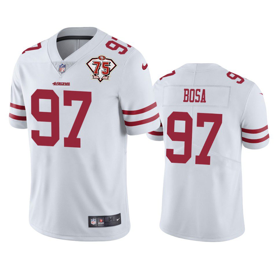 San Francisco 49ers Nick Bosa White 75th Anniversary Patch Limited Jersey 1 49ers nick bosa white 75th anniversary patch limited jersey