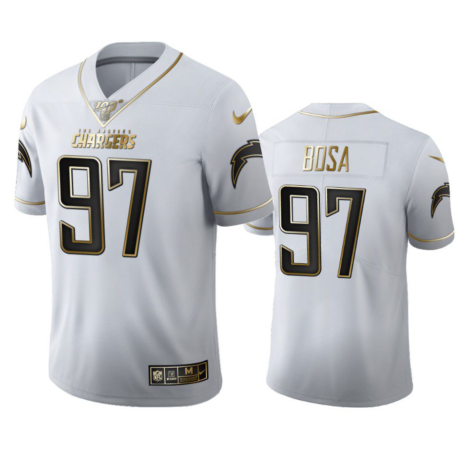 Joey Bosa Chargers White 100th Season Golden Edition Jersey 1 chargers joey bosa white golden edition 100th season jersey