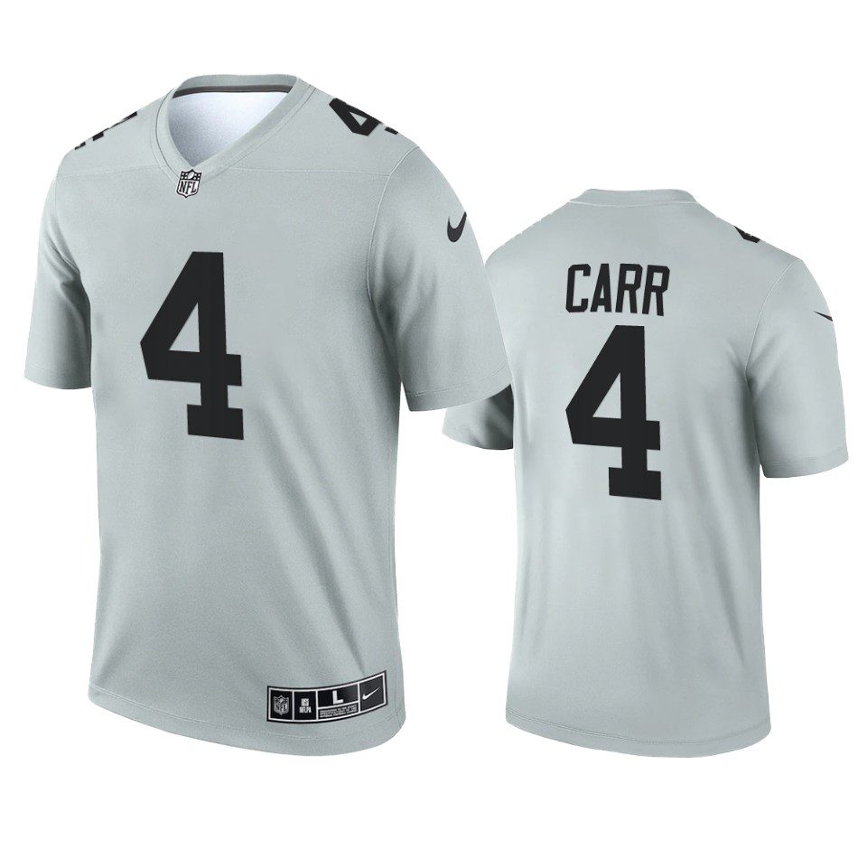 Las Vegas Raiders Derek Carr Silver 2021 Inverted Legend Jersey 1 derek carr raiders 2021 inverted legend silver jersey