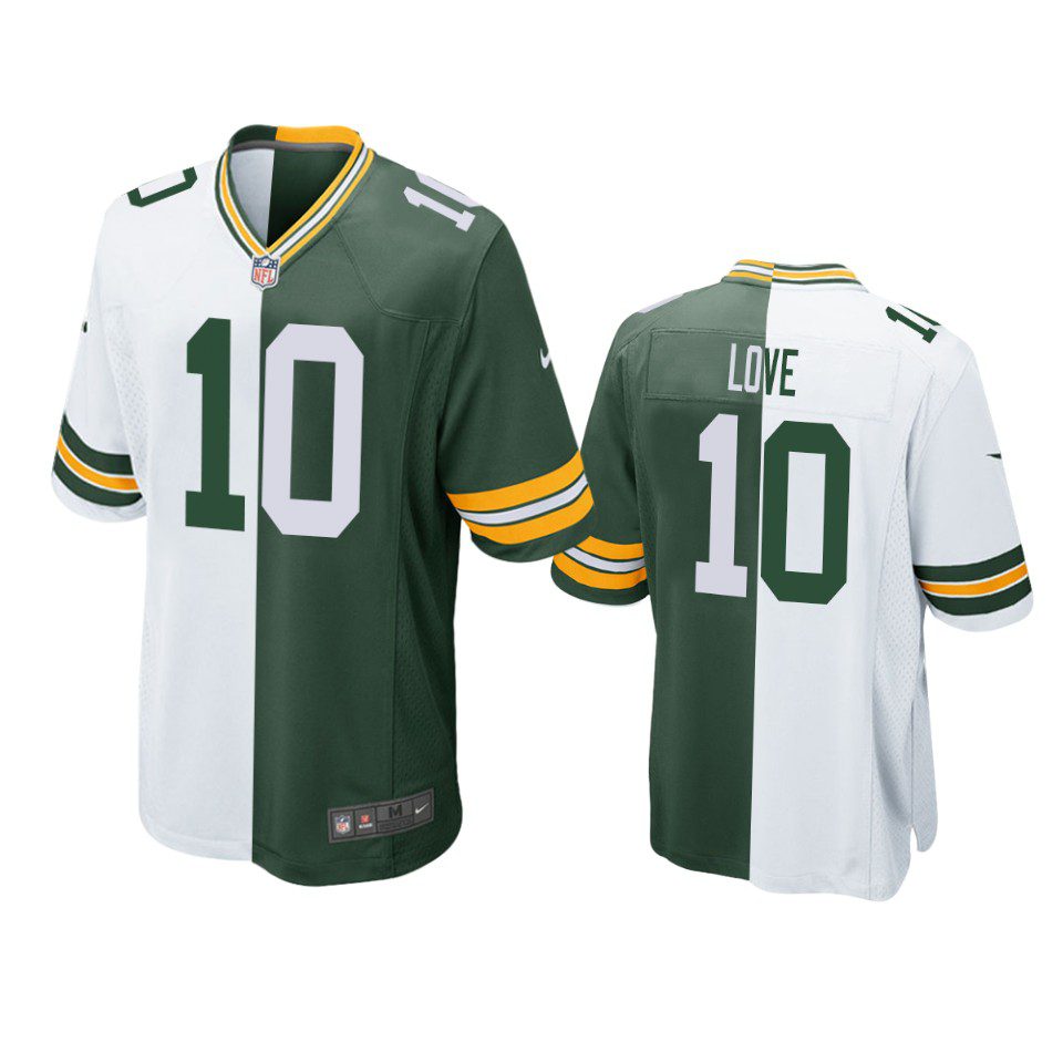 Green Bay Packers Jordan Love Green White Split Two Tone Game Jersey 1 packers jordan love green white split two tone jersey