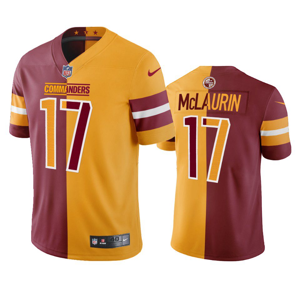 Washington Commanders Terry McLaurin Burgundy Gold Split Jersey 1 terry mclaurin commanders burgundy gold split jersey