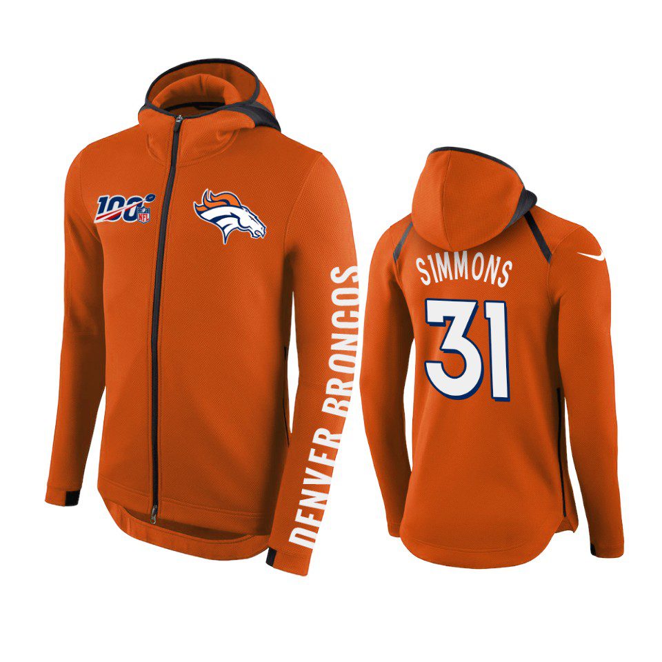 Denver Broncos #31 Justin Simmons Orange NFL 100th Anniversary Hoodie - Men 1 31 orange justin simmons hoodie 0a