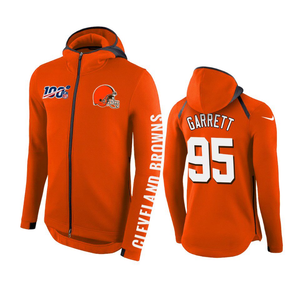 Cleveland Browns #95 Myles Garrett Orange NFL 100th Anniversary Hoodie - Men 1 95 orange myles garrett hoodie