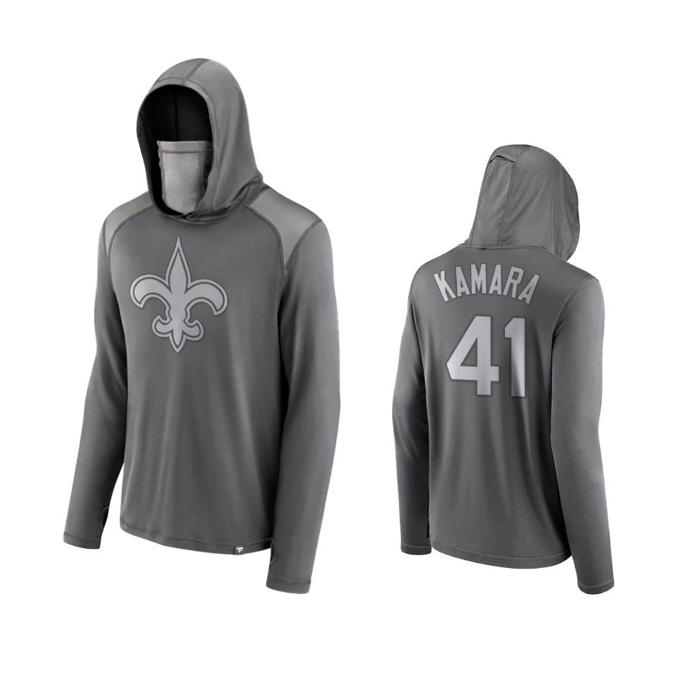 Alvin Kamara New Orleans Saints Gray Rally On Transitional Face Covering Pullover Hoodie 1 alvin kamara saints gray rally on transitional face covering hoodie
