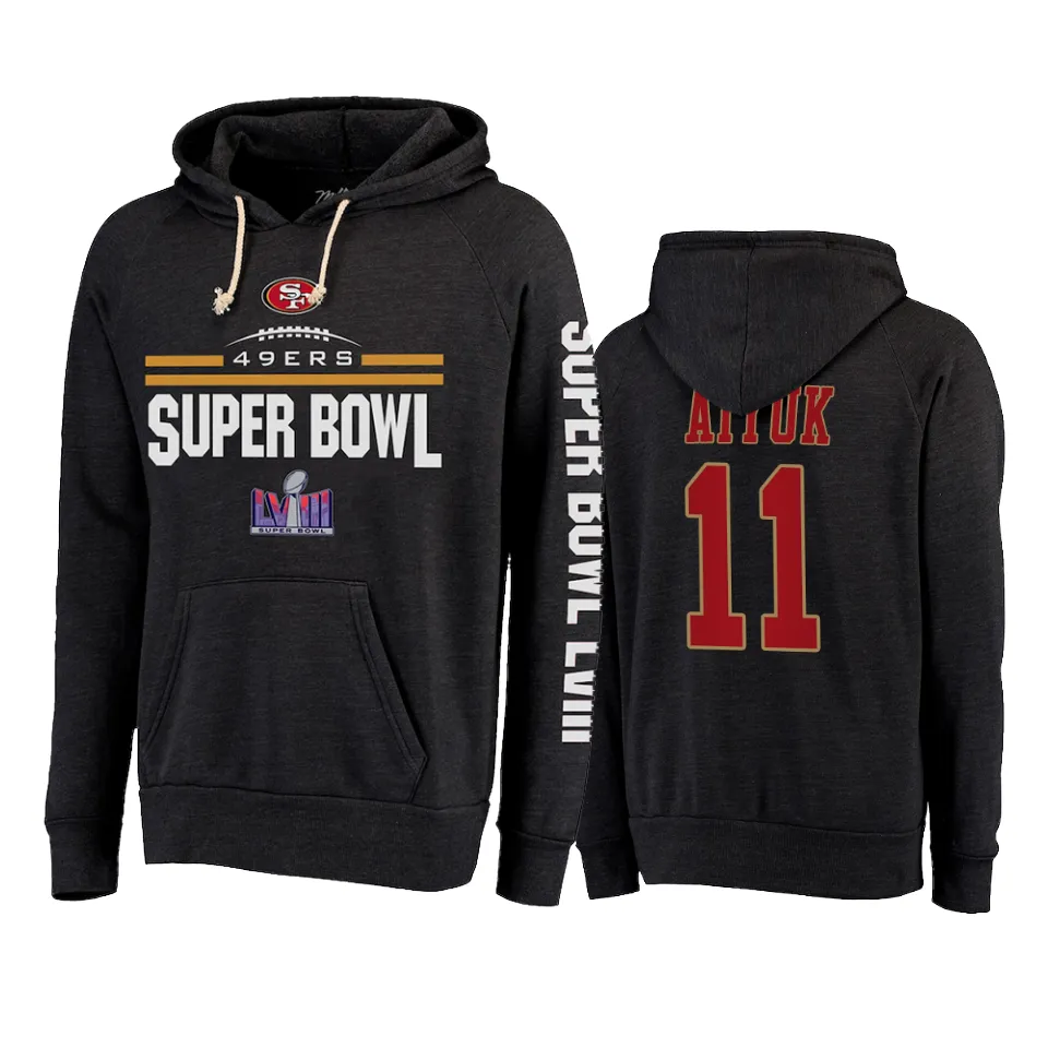 Brandon Aiyuk San Francisco 49ers Heather Black Super Bowl LVIII Tri-Blend Pullover Hoodie 1 brandon aiyuk 49ers heather black super bowl lviii tri blend hoodie