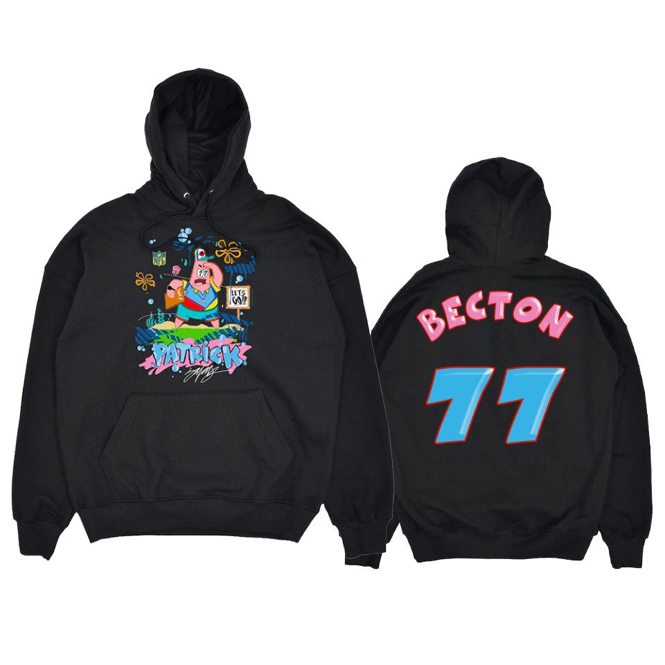 Men's NFL Junk Food Mekhi Becton Jets SpongeBob x King Saladeen Black Patrick Pullover Hoodie 1 mekhi becton pongebob king saladeen black patrick hoodie