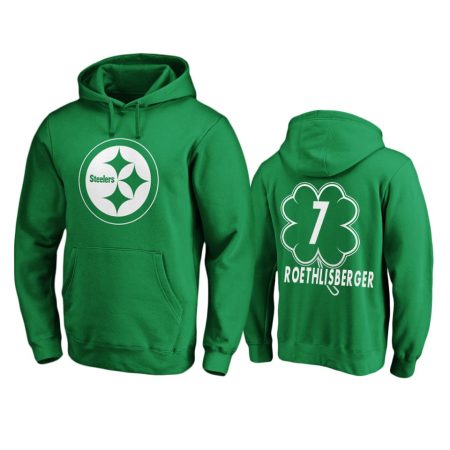 Men's Pittsburgh Steelers Ben Roethlisberger Green St. Patrick's Day White Logo Pullover Hoodie