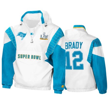 GOAT Tom Brady White Teal Super Bowl LV Crinkle Half-Zip Pullover Hoodie