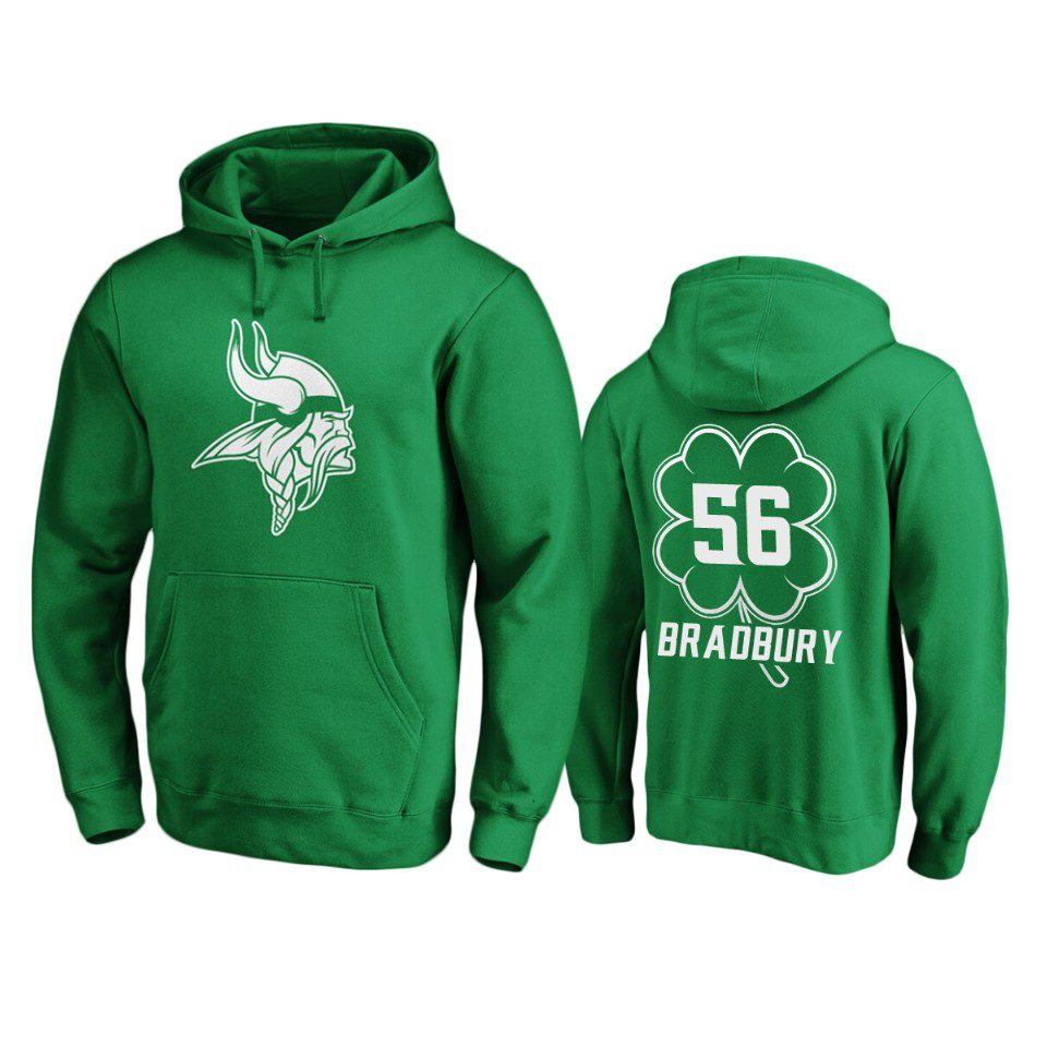 Men's Minnesota Vikings Garrett Bradbury Green St. Patrick's Day White Logo Pullover Hoodie 1 mens vikings garrett bradbury green st. patricks day white logo hoodie