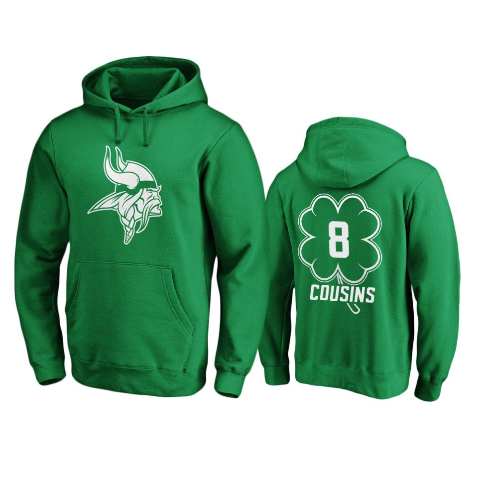 Men's Minnesota Vikings Kirk Cousins Green St. Patrick's Day White Logo Pullover Hoodie 1 mens vikings kirk cousins green st. patricks day white logo hoodie