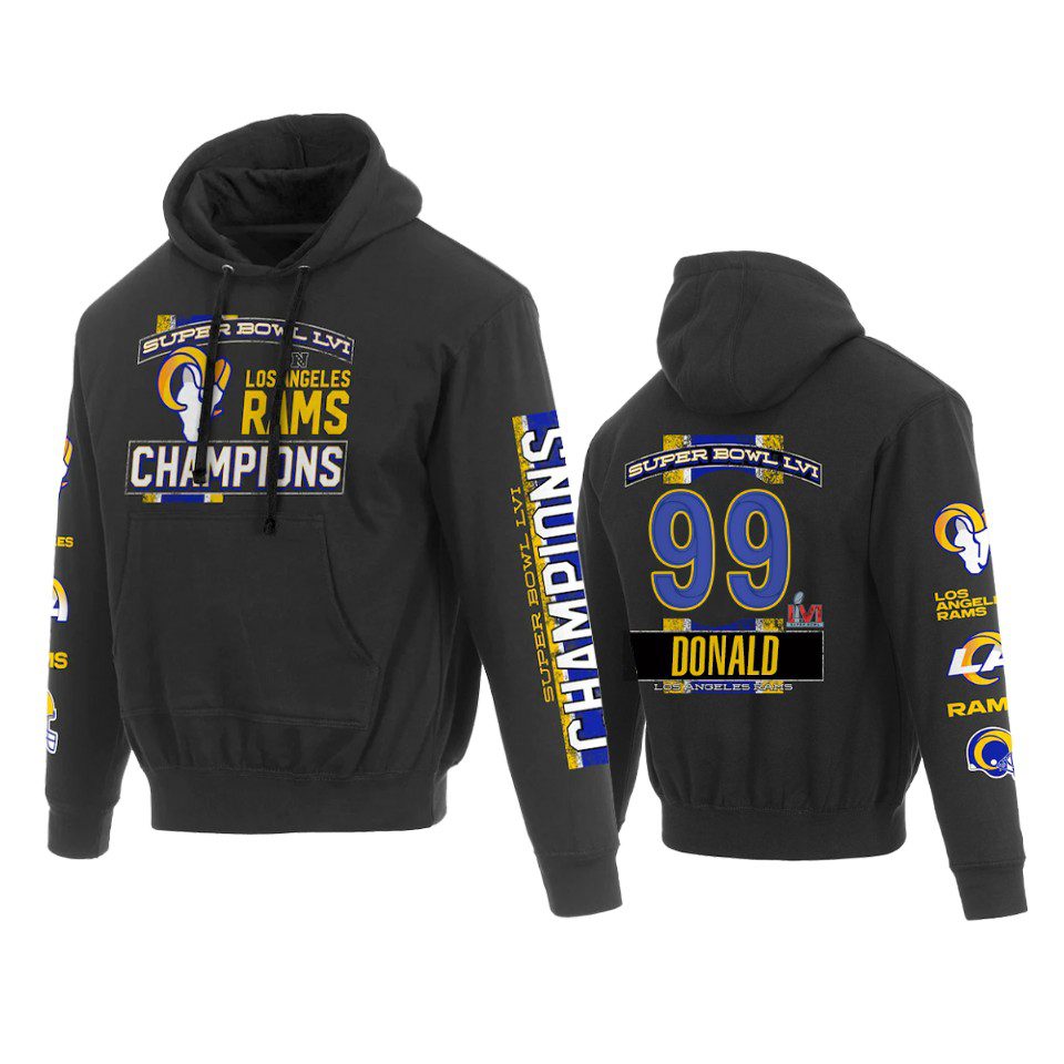 Aaron Donald Los Angeles Rams Black Super Bowl LVI Champions Name Number Hoodie 1 rams aaron donald black super bowl lvi champions hoodie
