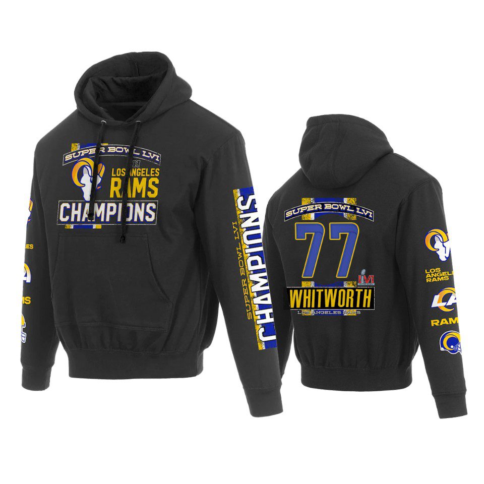 Andrew Whitworth Los Angeles Rams Black Super Bowl LVI Champions Name Number Hoodie 1 rams andrew whitworth black super bowl lvi champions hoodie