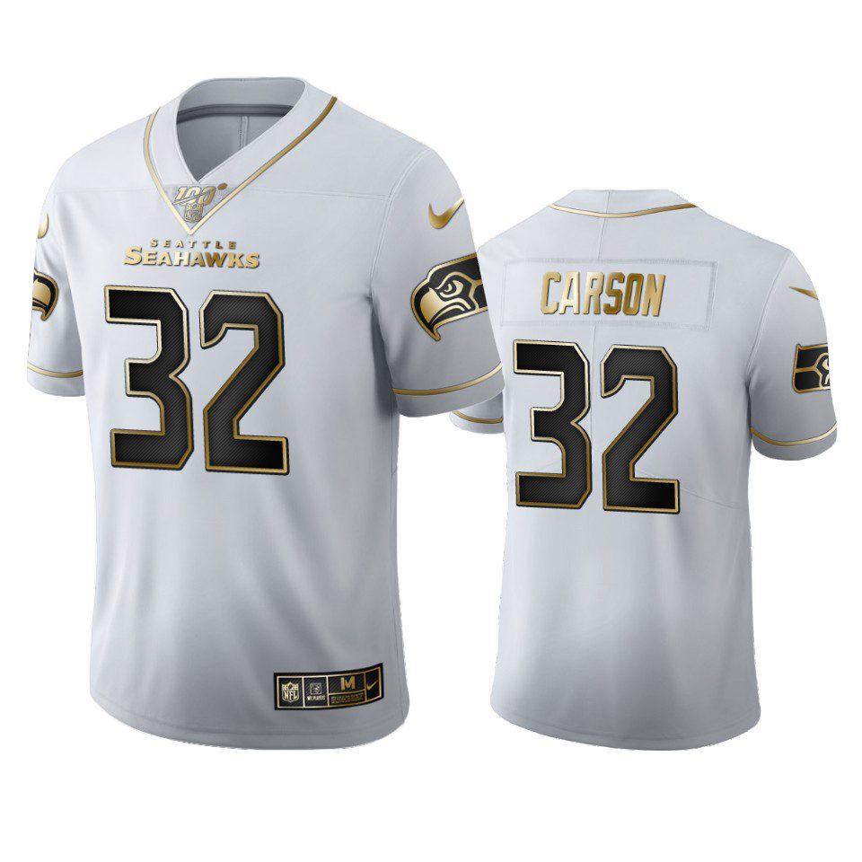 Chris Carson Seahawks White 100th Season Golden Edition Jersey 1 seahawks chris carson white golden edition 100th season jersey