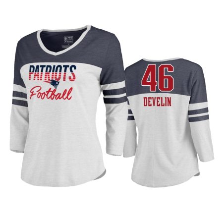 Patriots #46 James Develin White Plus Size Color Block 3/4 Sleeve Tri-Blend T-Shirt - Women's