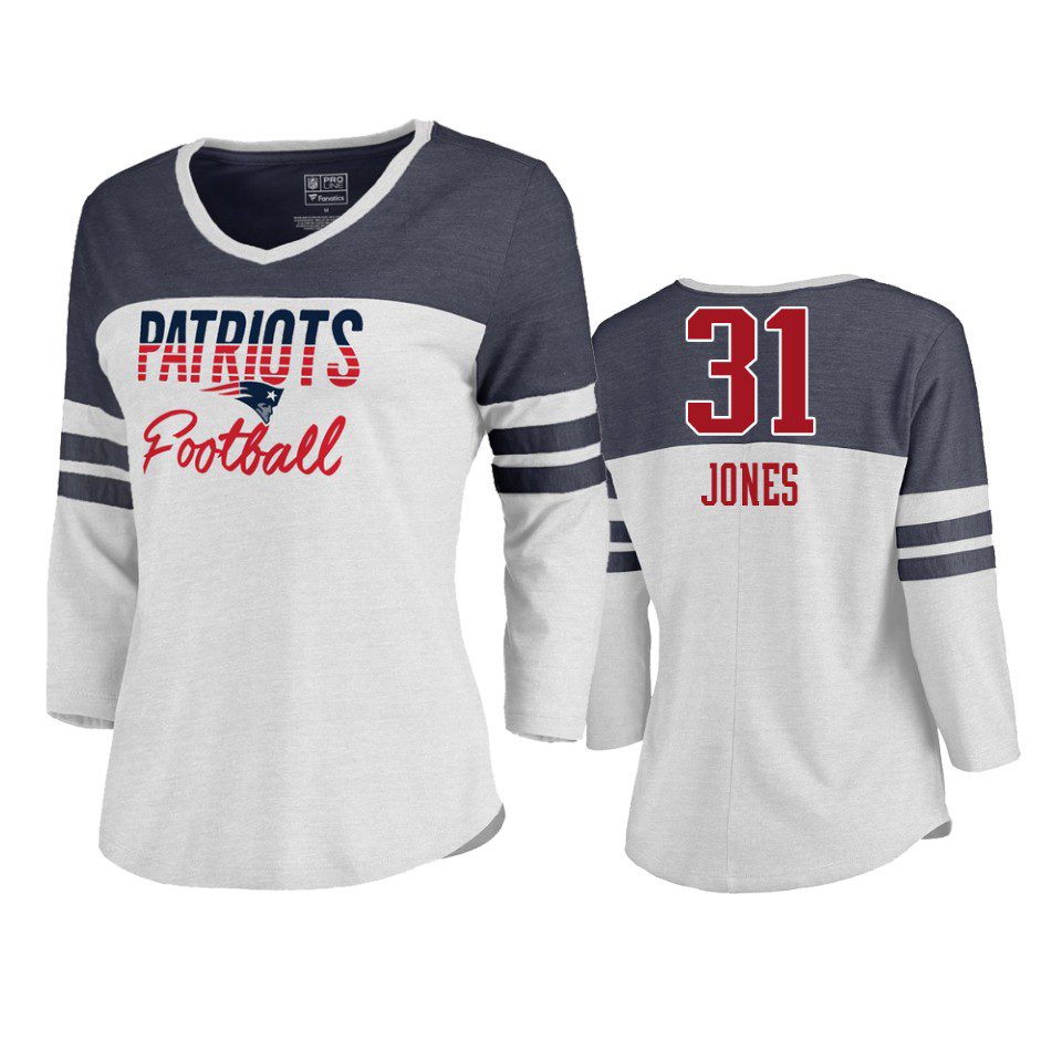 Patriots #31 Jonathan Jones White Plus Size Color Block 3/4 Sleeve Tri-Blend T-Shirt - Women's 1 white womens jonathan jones plus size color block t shirt