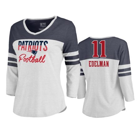 Patriots #11 Julian Edelman White Plus Size Color Block 3/4 Sleeve Tri-Blend T-Shirt - Women's
