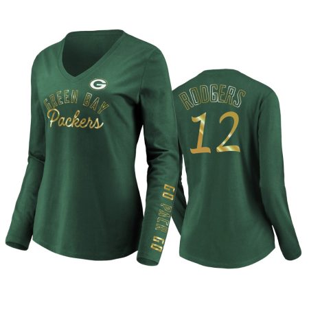 Women's Aaron Rodgers Green Bay Packers Green Iconic All Out Glitz V-Neck Long Sleeve T-shirt