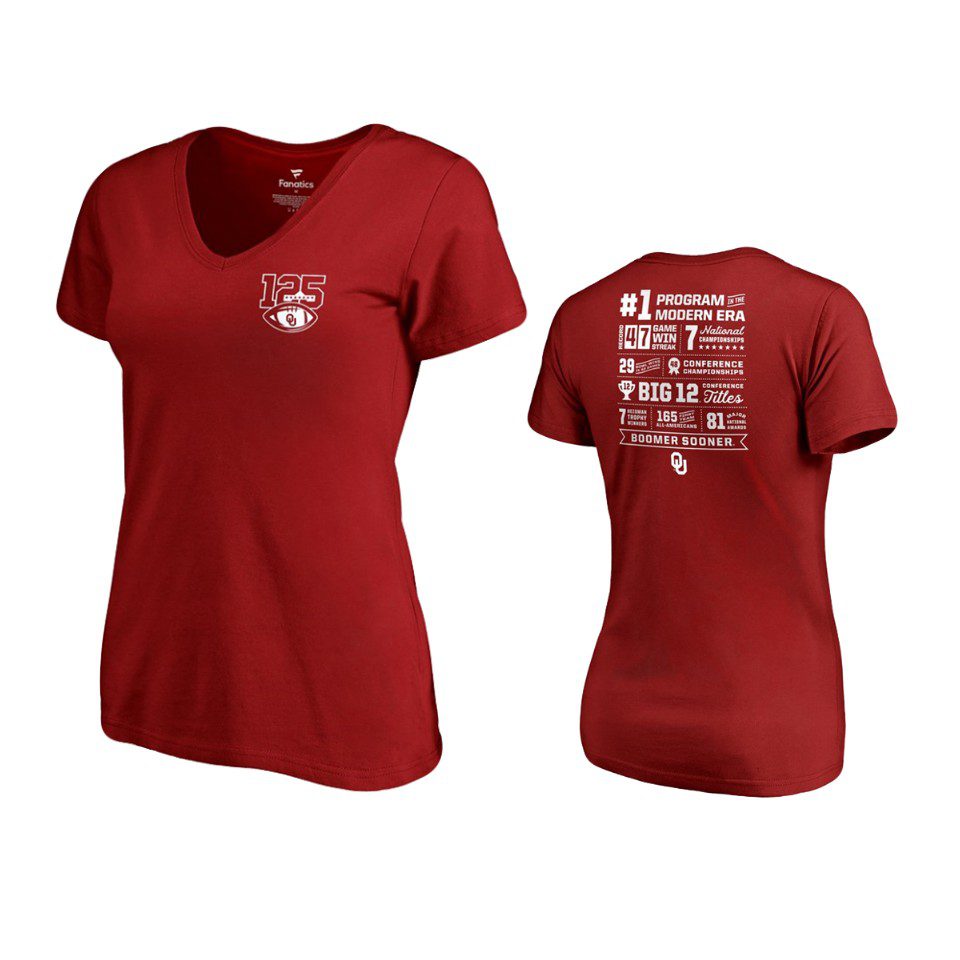 Oklahoma Sooners Crimson 125th Football Season Champ Stats T-Shirt 1 womens oklahoma sooners 125th football season crimson champ stats t shirt