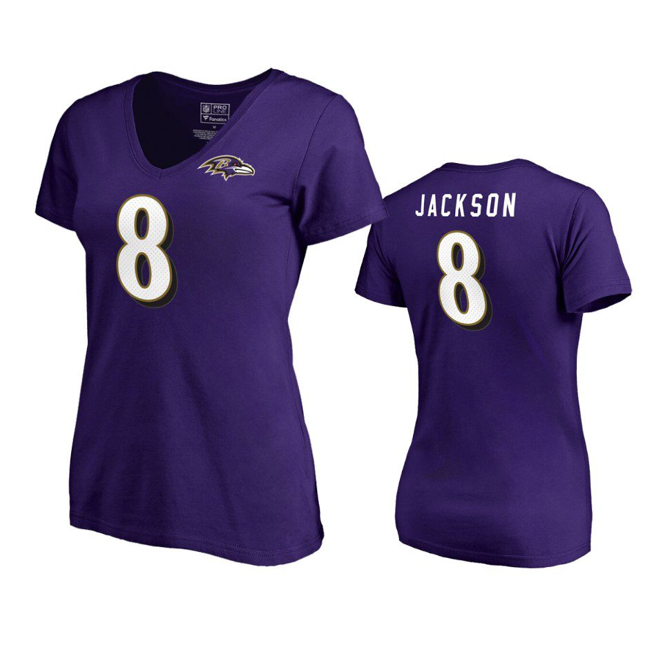Baltimore Ravens Lamar Jackson Purple Authentic Stack Name & Number T-Shirt 1 womens ravens lamar jackson purple authentic stack t shirt
