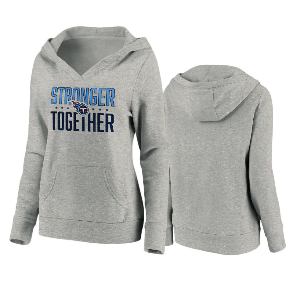 Women's Tennessee Titans Heather Gray Stronger Together Crossover Neck Pullover Hoodie 1 womens titans heather gray stronger together crossover neck hoodie