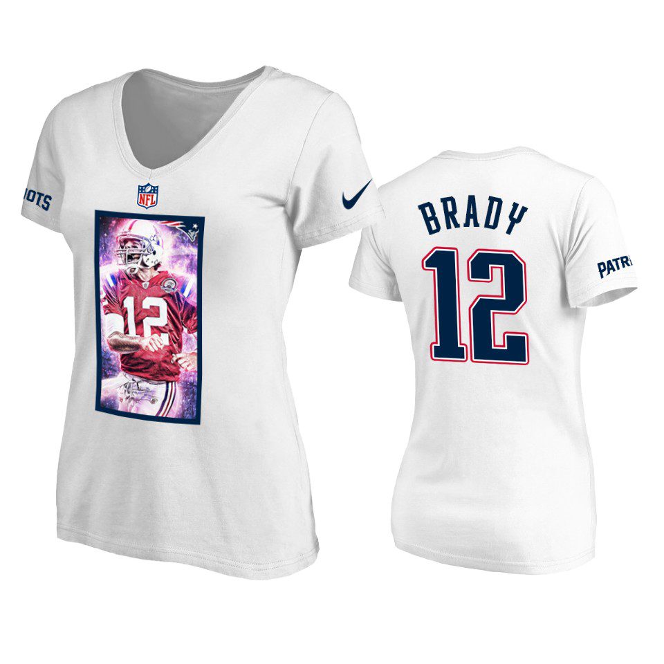 New England Patriots #12 Tom Brady White Personality Art T-Shirt 1 womens tom brady white personality t shirt
