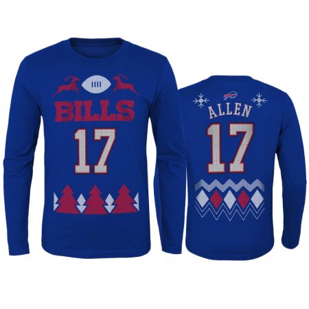 Youth Buffalo Bills Josh Allen Royal 2020 Christmas Ugly Holiday Long Sleeve T-Shirt