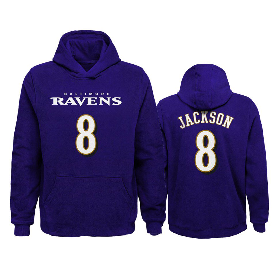 Baltimore Ravens Lamar Jackson Purple Mainliner Name & Number Hoodie 1 youth lamar jackson ravens purple mainliner hoodie