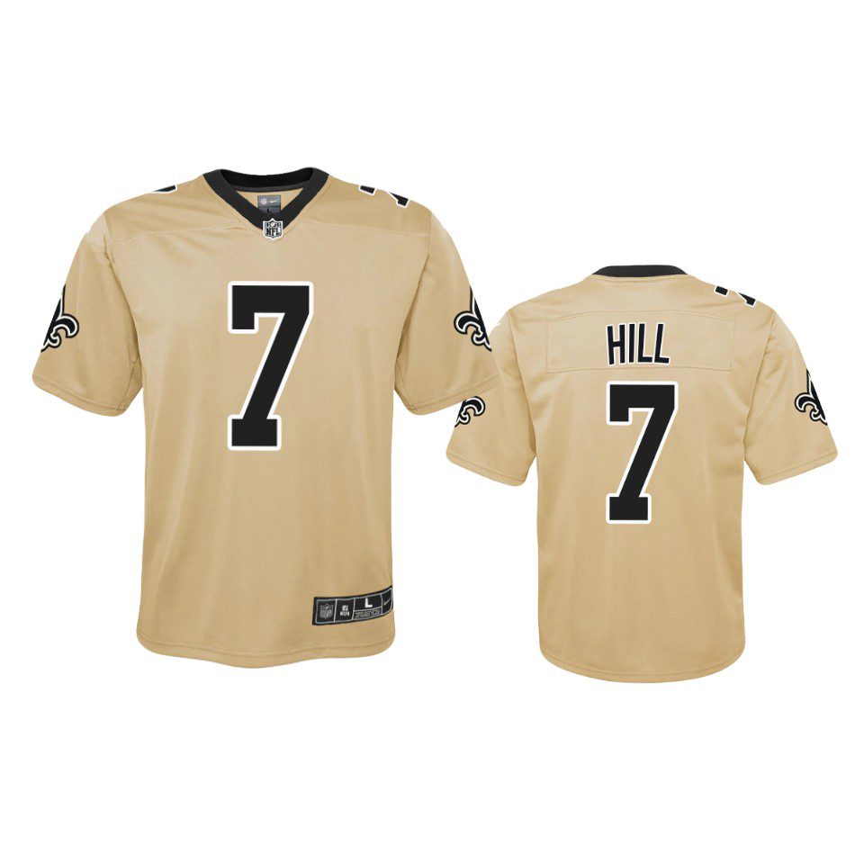 Youth New Orleans Saints Taysom Hill Gold Inverted Game Jersey 1 youth saints taysom hill gold inverted game jersey